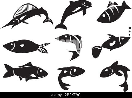 Illustration vectorielle de différentes icônes de poisson. Objets isolés noirs sur fond blanc. Illustration de Vecteur