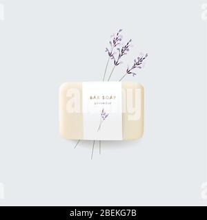 Maquette d'illustration de savon de barre réaliste, modèle avec étiquette en papier. Herbes de lavande, fleurs dessinées à la main. Fond floral vectoriel. Hygiène Illustration de Vecteur