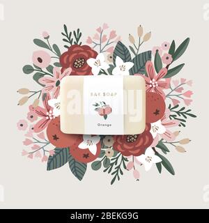 Maquette d'illustration de savon de barre réaliste, modèle avec étiquette en papier. Fruits, feuilles et fleurs orange dessinés à la main. Fond floral vectoriel. Hygiène Illustration de Vecteur