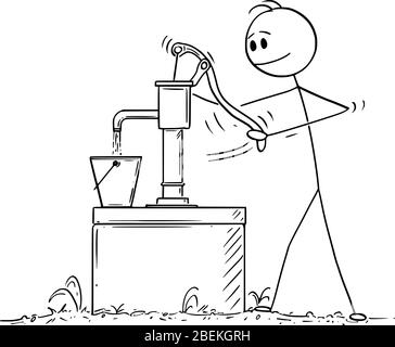 Dessin de dessin de dessin de dessin de dessin de dessin de dessin de dessin de dessin de dessin de l'homme ou de l'agriculteur pompant ou de tirer de l'eau de puits . Illustration de Vecteur