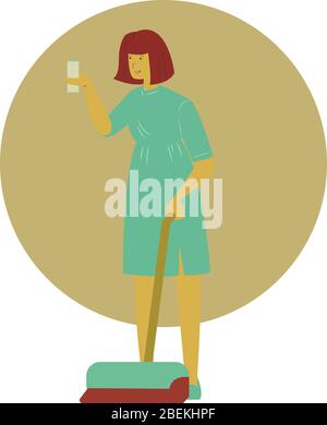 Femme de ménage vecteur avec aspirateur et vaporiser dans ses mains plat illustration de dessin animé Illustration de Vecteur