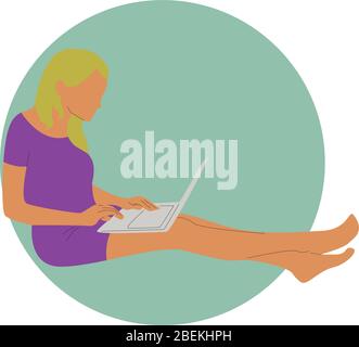 Concept de travail indépendant avec une fille assise et un ordinateur portable, livre, messages. Travail à domicile, bureau à domicile, concept de travail à distance illustration vectorielle de style plat. Cu Illustration de Vecteur