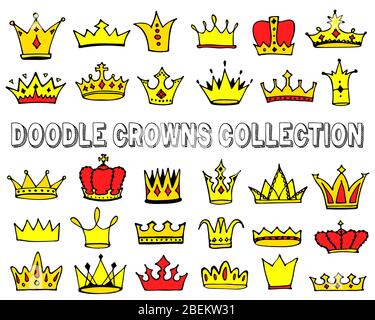 Collection de gribouillis de logo couronnes. Les icônes de couronne princesse dessinées à la main sont isolées sur le blanc. Illustration vectorielle Illustration de Vecteur