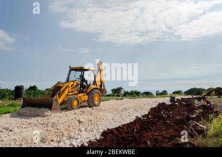 Tracteur travaillant sur le paysage de la route en Jamaïque Banque D'Images