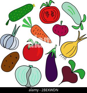 Ensemble de légumes dans des graphiques vectoriels, dans le style de dessin animé. Pour la conception de papier d'emballage, serviettes de cuisine, plats, illustrations botaniques pour enfants Illustration de Vecteur