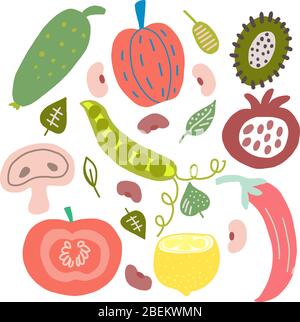 Ensemble de légumes et de fruits dans des graphiques vectoriels, dans le style de dessin animé. Pour la conception de papier d'emballage, serviettes de cuisine, vaisselle, illustrations botaniques Illustration de Vecteur