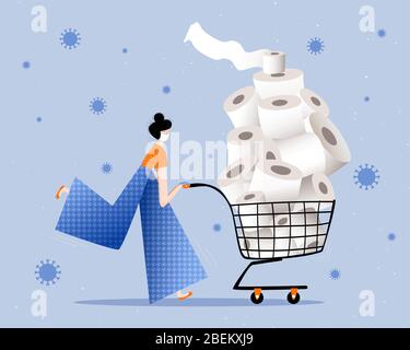 Femme portant un masque de visage et des gants chirurgicaux paniquez acheter plein panier de papier toilette pendant la crise du coronavirus. Concept de pandémie de Covid-19 Illustration de Vecteur