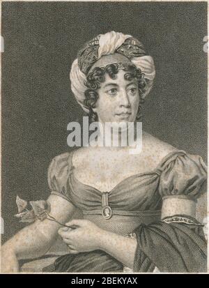 Ancienne 1819 gravure, Germaine de Staël. Anne Louise Germaine de Staël-Holstein (1766-1817), communément appelée Madame de Staël, était une femme franco-suisse de lettres, intellectuelle et théoricienne politique. SOURCE: GRAVURE ORIGINALE Banque D'Images