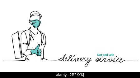 Service de livraison, courier portant un masque et des gants. Pouce vers le haut et sac à dos. Illustration simple vectorielle. Bannière Web de promotion, arrière-plan. Livraison Illustration de Vecteur