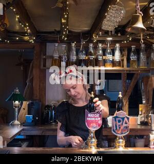 Servante au Red Lion au gastropub Stodmarsh, au sud-est du Kent Banque D'Images