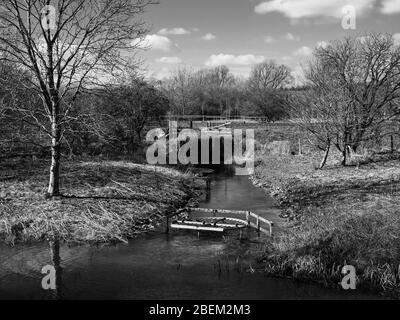 Paysage noir et blanc, ligne ferroviaire à côté du canal Kennet et Avon, Froxfield, Wiltshire, Angleterre, Royaume-Uni, GB. Banque D'Images