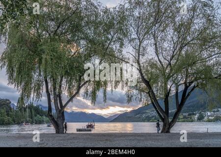 QUEENSTOWN, NOUVELLE-ZÉLANDE - 19 novembre 2019: Paysage avec la forme de grands arbres sur la rive du lac de Wakatipu à la ville touristique, tourné en concert brillant crépuscule Banque D'Images