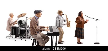 Groupe de musique de vieux clavier, batteur, sax Player et un chanteur isolé sur fond blanc Banque D'Images