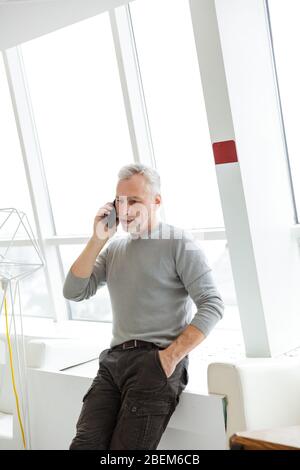 Photo d'un homme d'affaires barbu à poil gris à l'intérieur, parlant par téléphone portable. Banque D'Images