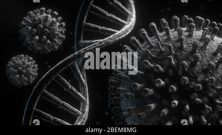 Illustration en 3 dimensions noir et blanc closeup du virus corona avec des brins d'ADN sur fond noir concept pour mutation de souche Banque D'Images