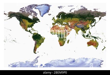 Carte du monde montrant la couverture terrestre et le relief ombré avec un style naturel et un ombrage de relief des océans. Projection cylindrique Miller. Banque D'Images