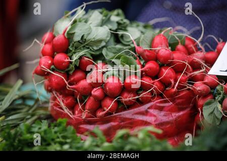 Image de faible profondeur de champ (foyer sélectif) avec des radis en vente dans un étalage de rue de légumes. Banque D'Images