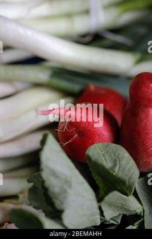 Image de faible profondeur de champ (foyer sélectif) avec des radis en vente dans un étalage de rue de légumes. Banque D'Images