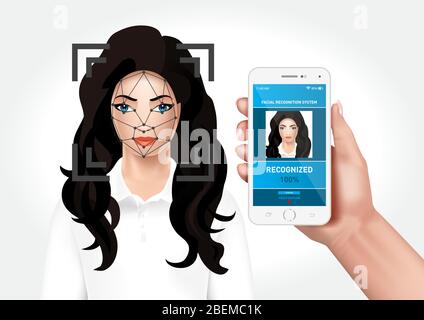 Graphiques vectoriels illustrant le système de reconnaissance faciale intégré à l'application mobile intelligente. Identification du visage d'une femme. Illustration de Vecteur