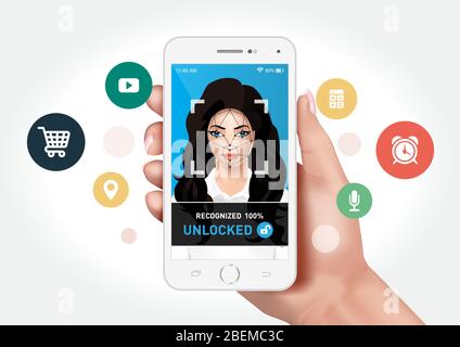 Graphiques vectoriels montrant une main tenant un smartphone avec système de reconnaissance faciale pour déverrouiller l'application. Identification du visage d'une femme. Illustration de Vecteur