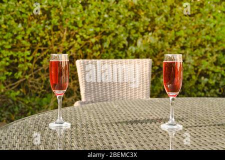 Champagne rose dans deux flûte à flûte sur un plateau de table en verre dans un jardin Banque D'Images