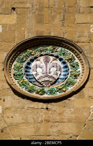 Drapeau de Florence, armoiries, sculpté sur le mur du bâtiment historique Banque D'Images