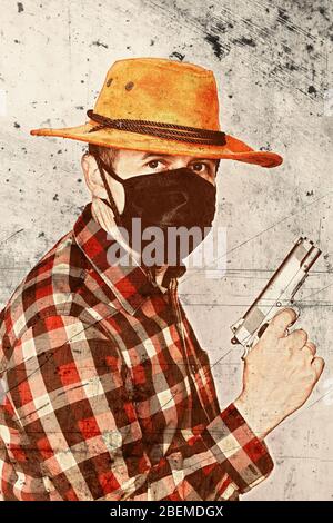 Portrait d'un cowboy avec un masque et un pistolet. Édité avec un effet de film vintage. American bandit en masque, homme occidental avec chapeau. Banque D'Images