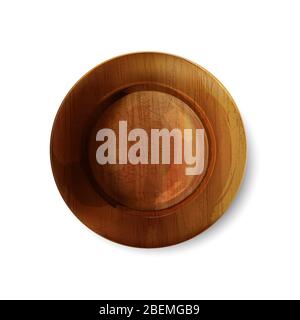 Assiette en bois vide sur fond blanc. Illustration de Vecteur