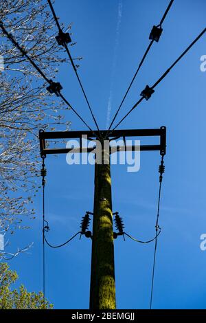 En regardant le sommet d'un pylon électrique contre un ciel bleu clair avec un auvent à gauche des lignes électriques. Banque D'Images