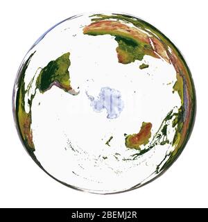 Carte du monde montrant la couverture terrestre et le relief ombré avec un style naturel et un ombrage de relief des océans. WGS 1984 EASE Grid South projection Banque D'Images