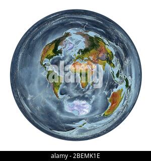 Carte du monde montrant la couverture terrestre et le relief ombré avec un style naturel et un ombrage de relief des océans. Projection azimutale. Banque D'Images