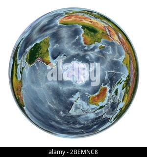 Carte du monde montrant la couverture terrestre et le relief ombré avec un style naturel et un ombrage de relief des océans. WGS 1984 EASE Grid South projection Banque D'Images