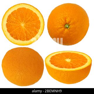 Jeu d'oranges. Quatre oranges vues du haut, du côté et du point de vue. Gros plan isolé sur fond blanc. Banque D'Images