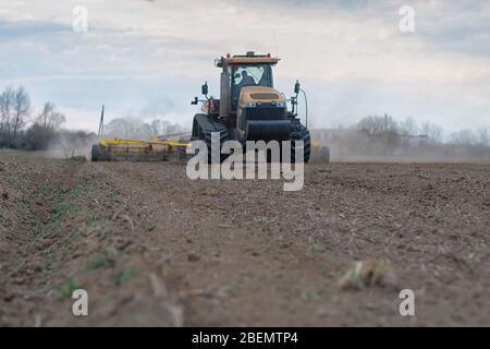 Le tracteur travaillant sur le terrain. Gros plan Banque D'Images