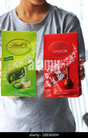 Gros plan sur le lait Lindor Dairy et les chocolats aux saveurs de Matcha Banque D'Images