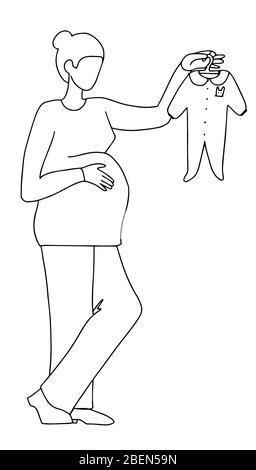 La femme enceinte choisit des produits pour bébé. Shopping avant la naissance. Style de ligne d'illustration vectorielle noir blanc. Illustration de Vecteur