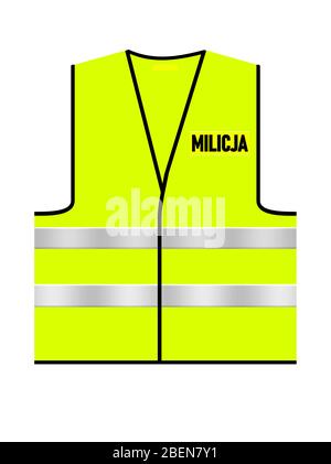 Vert vif – jaune trafic polonais Milicja maillot de corps sur fond blanc isolé. Vue avant. Illustration du concept. Logo en texte noir. Banque D'Images