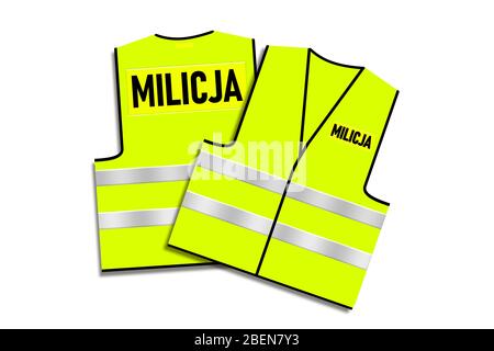 Vert vif – jaune trafic polonais Milicja maillot de corps sur fond blanc isolé. Vue avant et arrière. Illustration du concept. Logo en texte noir. Banque D'Images