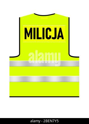 Vert vif – jaune trafic polonais Milicja maillot de corps sur fond blanc isolé. Vue arrière. Illustration du concept. Logo en texte noir. Banque D'Images