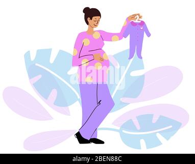 La femme enceinte choisit de choisir pour bébé. Shopping avant la naissance. Style de ligne d'illustration vectorielle à conception plate. Illustration de Vecteur