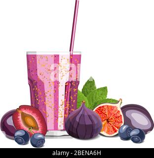 Smoothie à la couleur violette dans un verre avec illustration vectorielle des ingrédients Illustration de Vecteur