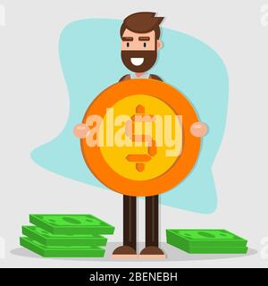 homme d'affaires détenant de l'argent de pièce pour l'illustration vectorielle de concept d'investissement Illustration de Vecteur