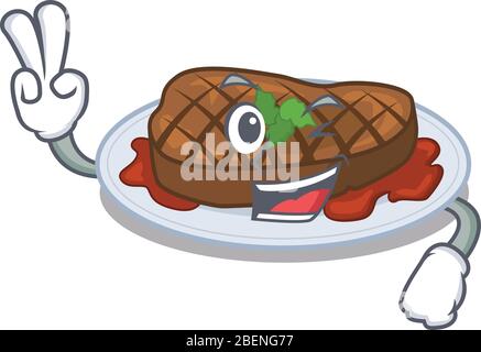 Un motif de dessin animé de bifteck grillé avec deux doigts Illustration de Vecteur
