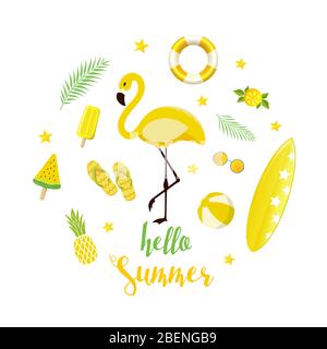 Jeu d'éléments vectoriels jaunes d'été. Fond avec flamants, crème glacée, pastèque, étoiles de mer et lettrage dans un style plat. Illustration vectorielle. Illustration de Vecteur