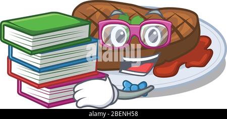 Un étudiant diligent dans le concept de mascotte de steak grillé avec des livres Illustration de Vecteur