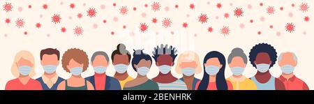 Groupe de personnes dans les masques de protection et le coronavirus volant dans le style plat. Hommes et femmes portant des masques médicaux pour prévenir la maladie, la grippe, la quarantaine Illustration de Vecteur