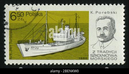 POLOGNE - VERS 1980: Cachet imprimé par la Pologne, montre navire. Jan Turlejski, K. Porebski, vers 1980. Banque D'Images