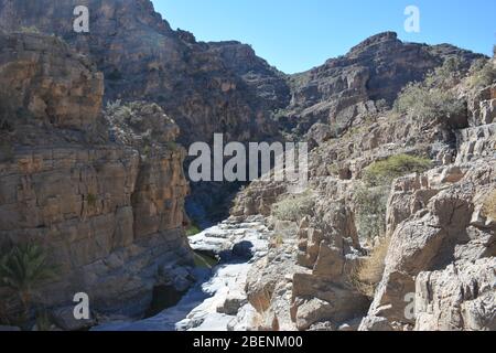 Une randonnée guidée vers un wadi isolé dans la région de Jebel Akhdar dans les montagnes du Hajar, Oman Banque D'Images