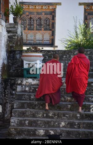 Deux moines dans une école de bouddhisme près de Thimphu, Bhoutan Banque D'Images