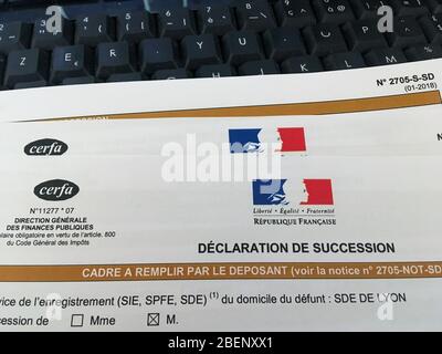Déclaration de succession, document administratif français, France Banque D'Images